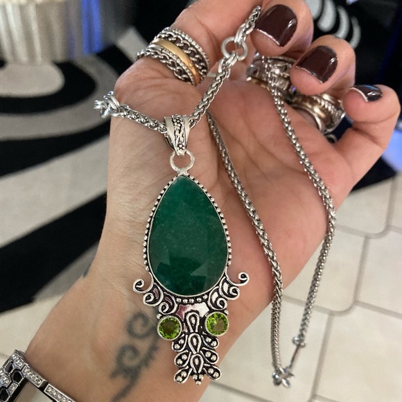 925 sterling silver overlay green emerald & peridot stones boho silver necklace - Picture 13 of 13